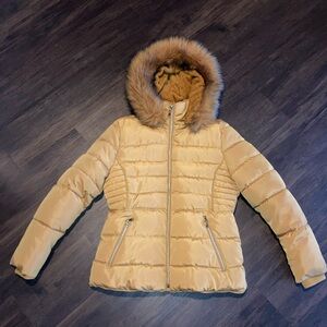 JP USa Women's gold Puffer Jacket with Faux Fur Hood size 1XL